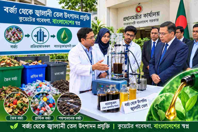 `কুয়েটের গবেষকদের বর্জ্য থেকে জ্বালানি তেল উৎপাদন প্রযুক্তি প্রদর্শন`।